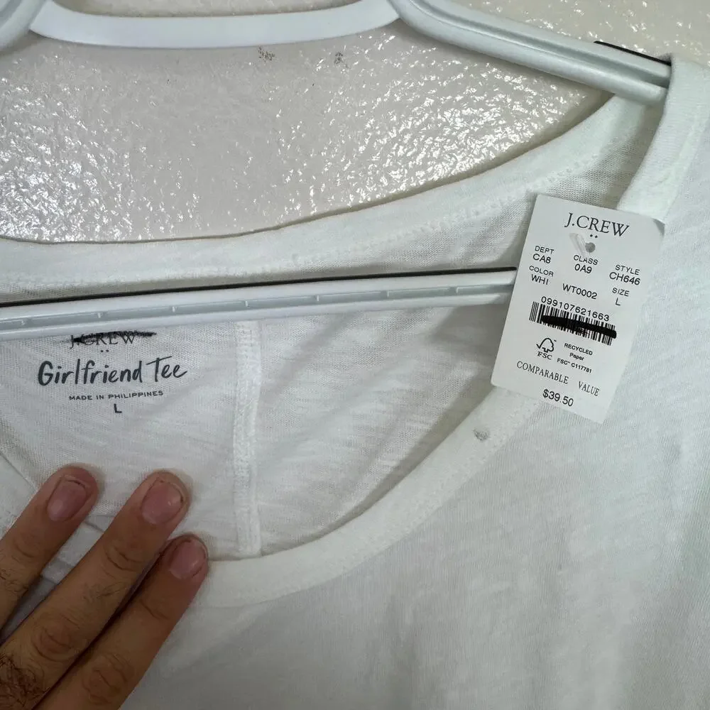 J.Crew Short-Sleeve Vintage Cotton V-neck T-Shirt WMNS L White Pullover Slim-Fit